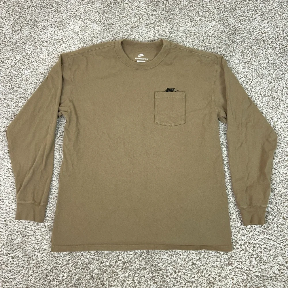 Nike Shirt Mens Medium Brown Long Sleeve Pocket Logo Tee T Casual Loose Fit Club
